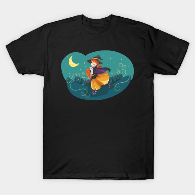 Cute Witch Running with Bored Cat in Arms T-Shirt by MonkeyBusiness